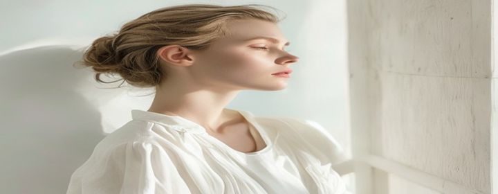 北欧极简风格美女写真案例，白色棚内侧逆光勾勒出女性柔美轮廓，低饱和色调营造出高级质感，整体画面干净通透