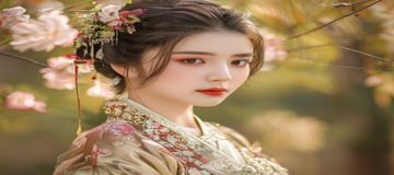 汉服古风美女写真拍摄，精致汉服配合古典园林背景，妆容典雅端庄，呈现东方古典美学意境